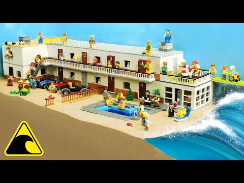 Lego Luxury Hotel Hit by Tsunami - Dam Breach Experiment - Wave Machine vs Hotel Guests