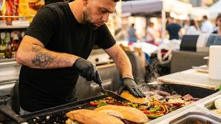 Italian Big Grill of Sausages, Beef, and Meat. Street Food Fair