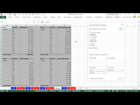 Excel Magic Trick 1203: 2 Slicers Control 4 PivotTables: Sum, Running Total, Change and % Change