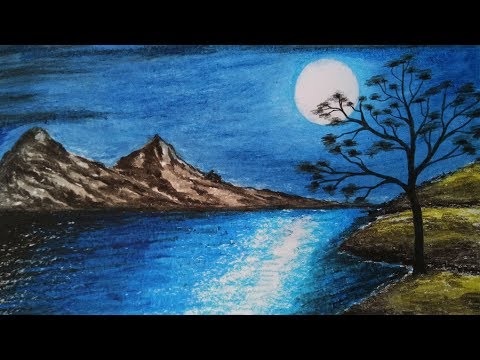 How to draw Moonlight scenery.Step by step(easy draw ...