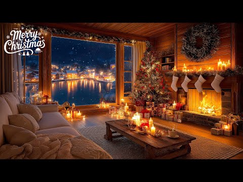 Calming Christmas Music on a Snowy Day with Crackling Fireplace🎄Cozy Christmas Cabin for Relaxation