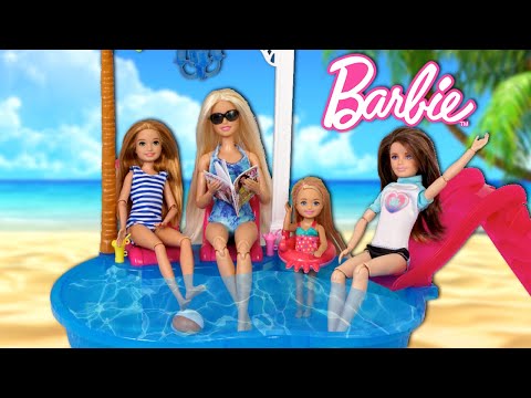 Barbie Sisters Morning Routine on Vacation Trip - Toy Hotel Pool