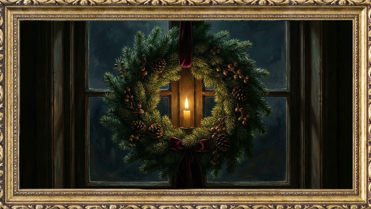 Classic Christmas Wreath Candle Glow Gold Frame TV Art Screensaver | 2 Hours 4K — 4K ambient art screensaver in baroque gold frame