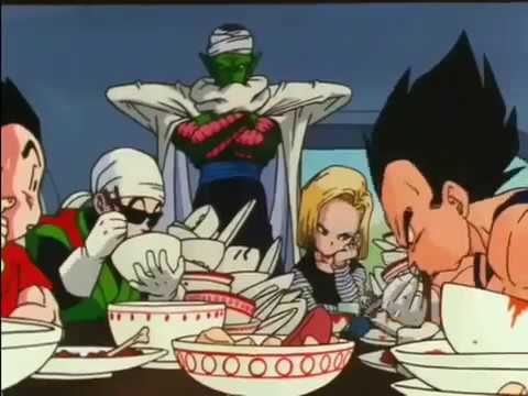 Goku e companhia almoçando antes do torneio de artes marciais.