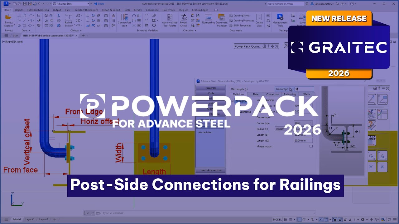 PowerPack for Advance Steel 2026 post-side railing connections demonstration