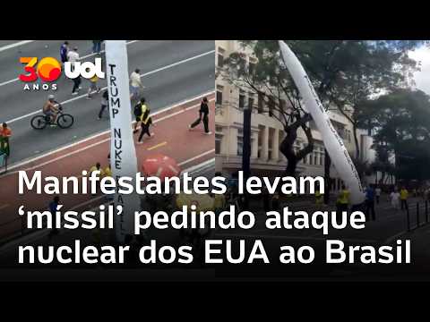 Em ato de Flávio Bolsonaro, manifestantes levam ‘míssil’ pedindo ataque nuclear dos EUA ao Brasil