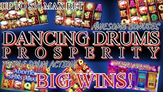 DANCING DRUMS SLOT MACHINE AWESOME BONUSES BIG WINS TRIPLE DRUM ACTION UP TO $10 MAX BET 😱🤩