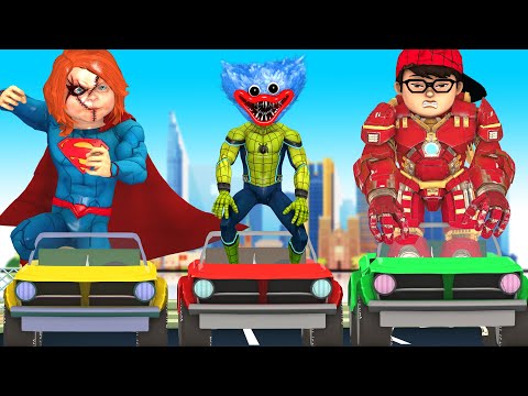 Avenger : Dad Nick IronMan Strong vs Super Man Chucky and Spider Huggy Wuggy -  Scary Teacher 3D Fun