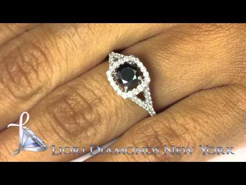 BDR-011 - 1.03 Carat Certified Natural Black Diamond Engagement Ring 14k Gold Pave Halo