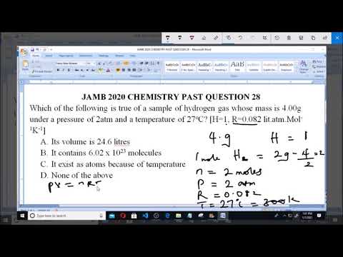 JAMB 2020 CHEMISTRY PAST QUESTION 28 Ideal Gas Equation