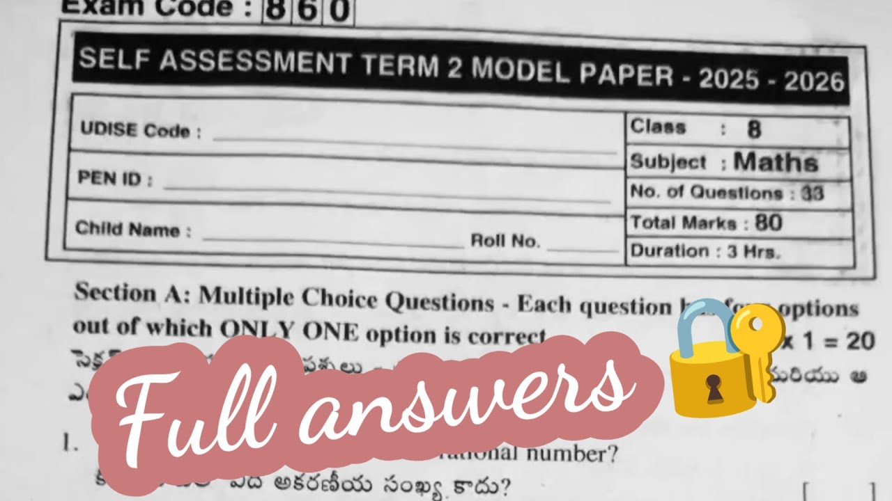 💯 💯 8th class self assessment term 2 mathematics real question paper with full answers sa-2 