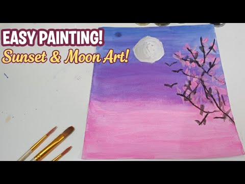 Easy Sunset & Moon Painting 🎨 Simple Scenery Art for Beginners Real Time Tutorial