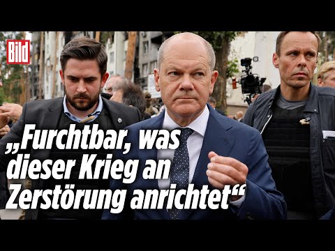 Kanzler Scholz sieht sich die Zerstörungen in Irpin an | BILD Live
