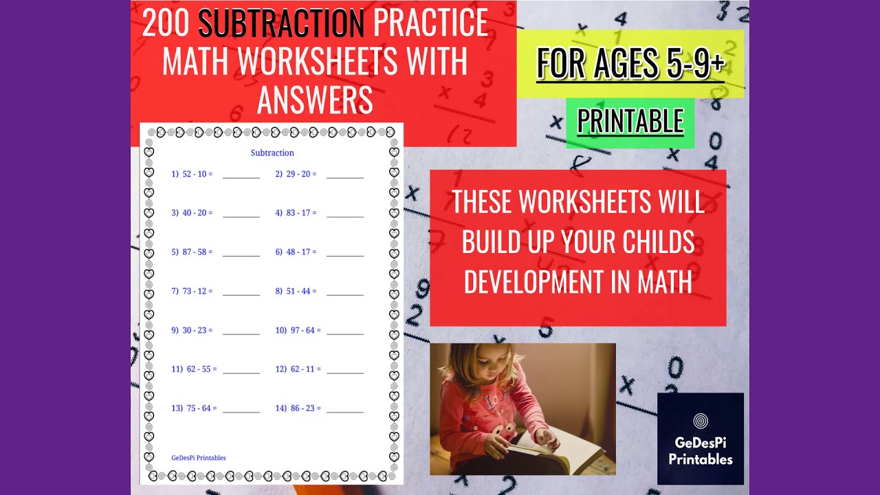 Math Subtraction 20 Printable, Practice Worksheets