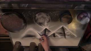 spray paint grey black and white pyramids and planets