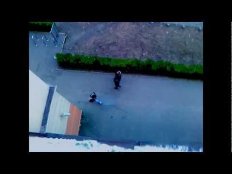 Throwing Big Blue Water baloon onto Men [3rd floor]