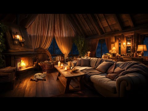 Thunderstorm, Rain & Crackling Fire - Cozy Wooden Cabin, Warm Ambience, Sleeping Cats, Relax & Sleep