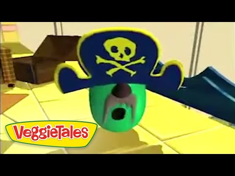 Green veggie character wearing a blue pirate hat with a yellow skull-and-crossbones, in a bright tiled room; VeggieTales logo bottom left.