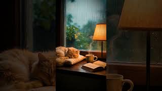 Rainy Window Cat Reading Ambience 4K