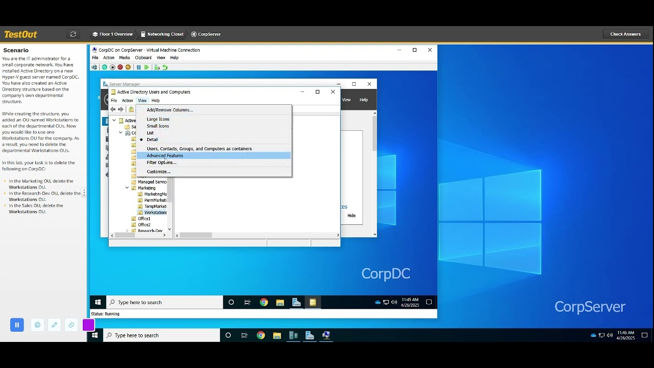 TestOut PC Pro 8.1.9 Delete OUs