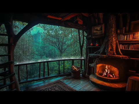 Warm Fireplace in a Treehouse During Heavy Rain 🌧️| Getting a Good Night's Sleep Naturally Made Easy
