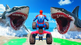 Superheroes on a motorcycle ride over the sea along the Spider-Man Bridge GTA 5