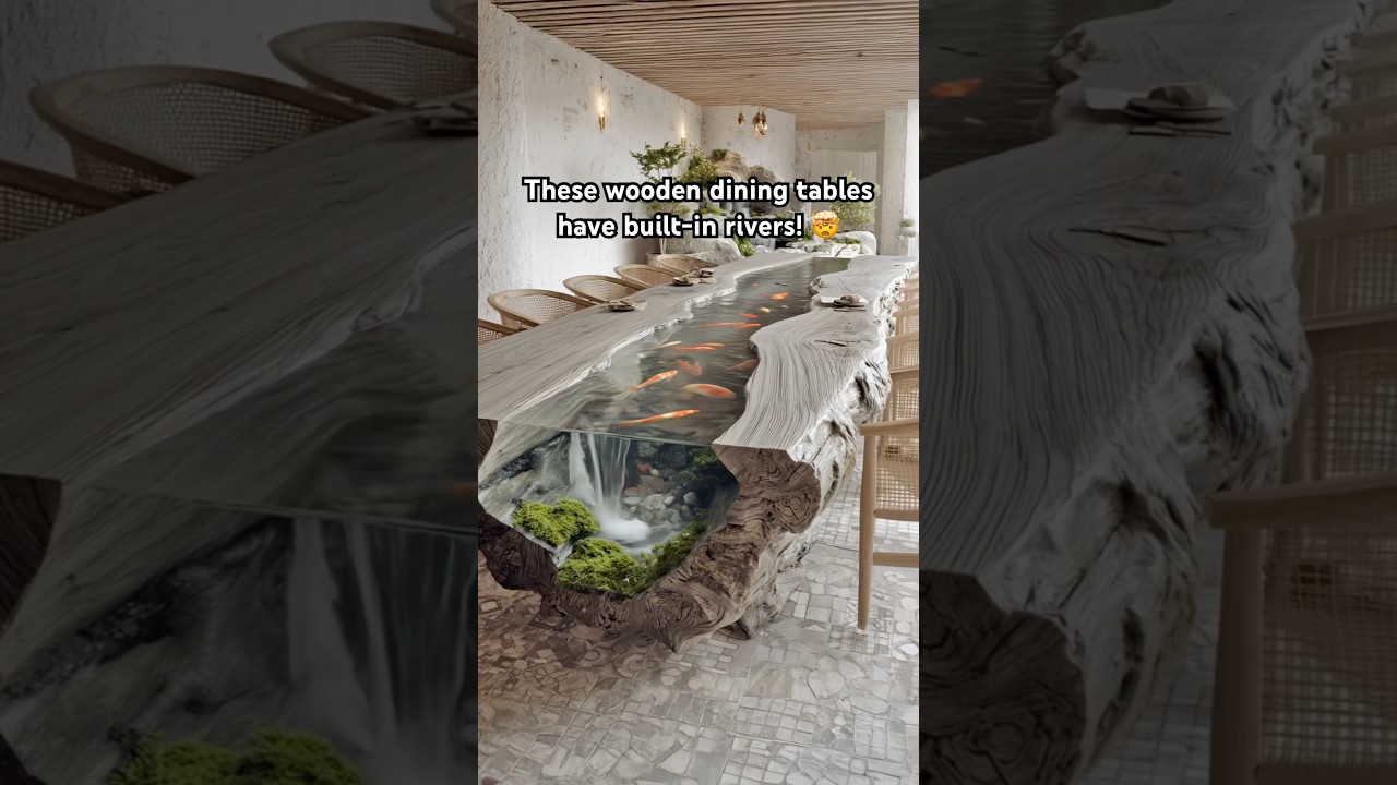 Absolutely stunning wooden dining tables that have built-in flowing rivers! Some with fish! 🤯👏👏