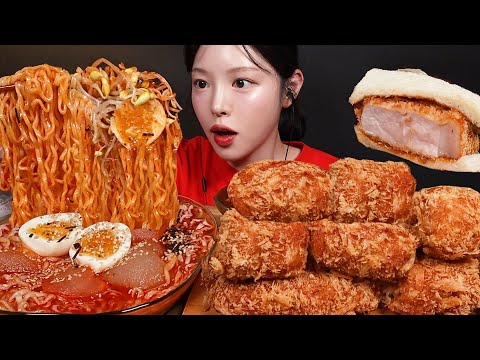 Spicy Cold Buldak Ramen with Crispy Cheese Pork Cutlet Mukbang ASMR