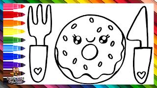 Desenhar e Colorir um Donut Fofo com Talheres 🍩🍽️🌈 Desenhos para Crianças