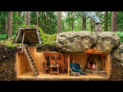 I Built a Bunker under giant rock. Solo survival, bushcraft in the wild