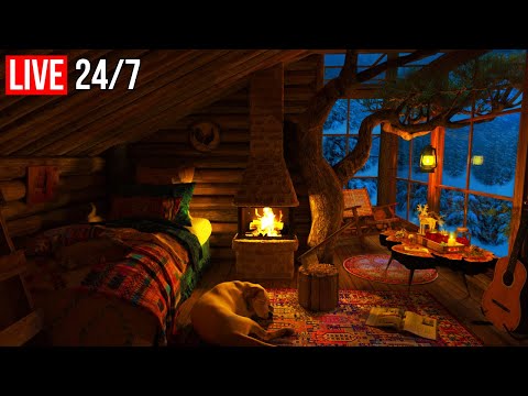 🔴 Cozy Treehouse Ambience - Blizzard & Fireplace Sounds for Sleep - Live 24/7