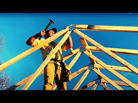 NO EQUIPMENT NEEDED! Putting Roof Trusses On Our 24x24 Garage