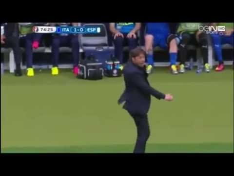 EURO 2016 Italy manager RUNS ON PITCH and kicks ball away|Antonio Conte wasting time|Italy 2-0 Spain