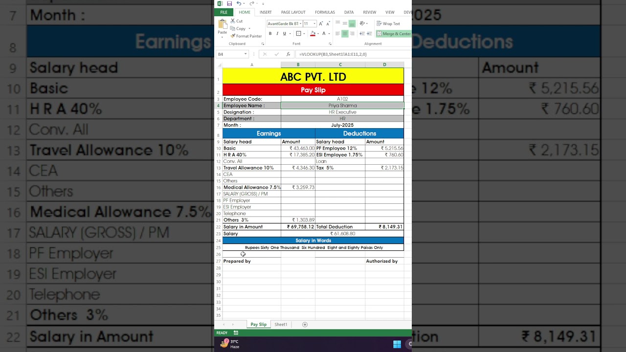 How to Make a Professional Salary Slip in Excel | Step by Step Tutorial in Hindi