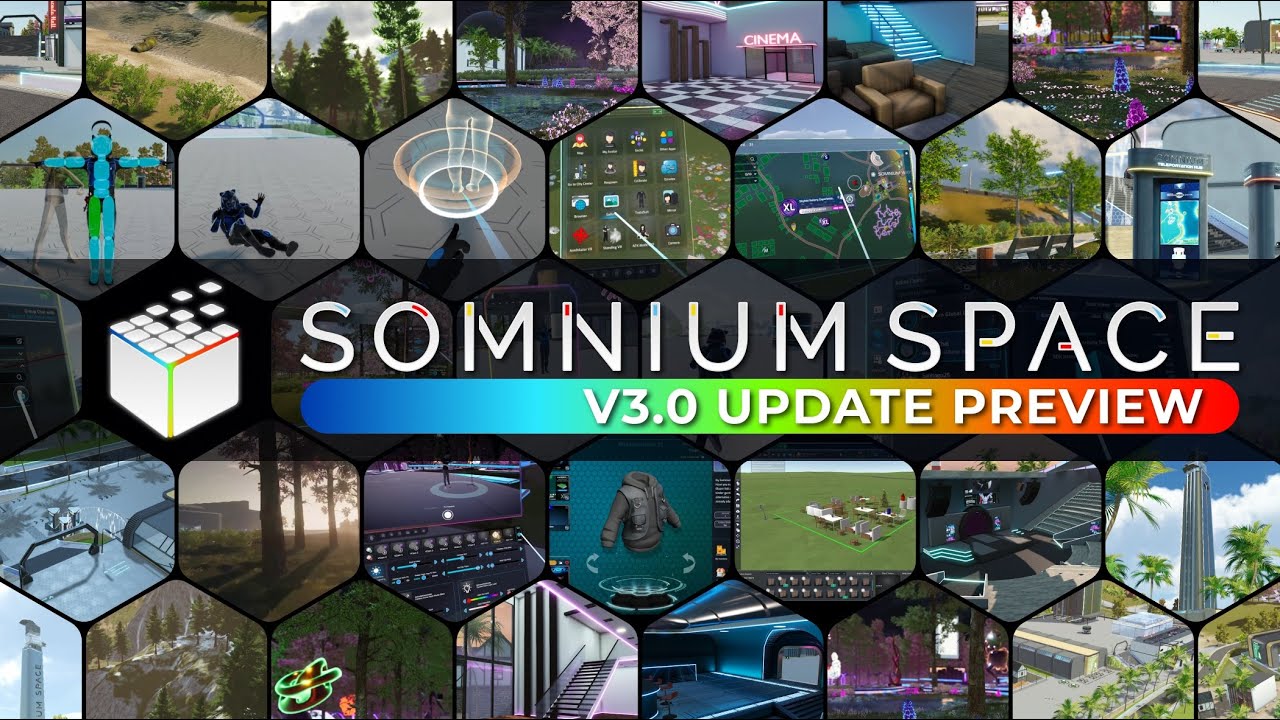Somnium Space V3.0 preview mosaic showing avatars, builder tools, and user-made worlds