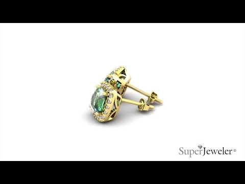H051746 | Cushion Cut Green Amethyst and Halo Diamond Earrings In Yellow Gold | superjeweler.com