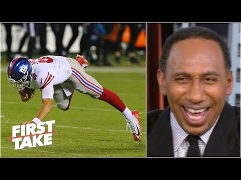 第一時間反應丹尼爾-瓊斯在對陣老鷹隊的80碼跑動中被絆倒。 (First Take reacts to Daniel Jones tripping during an 80-yard run vs. the Eagles)
