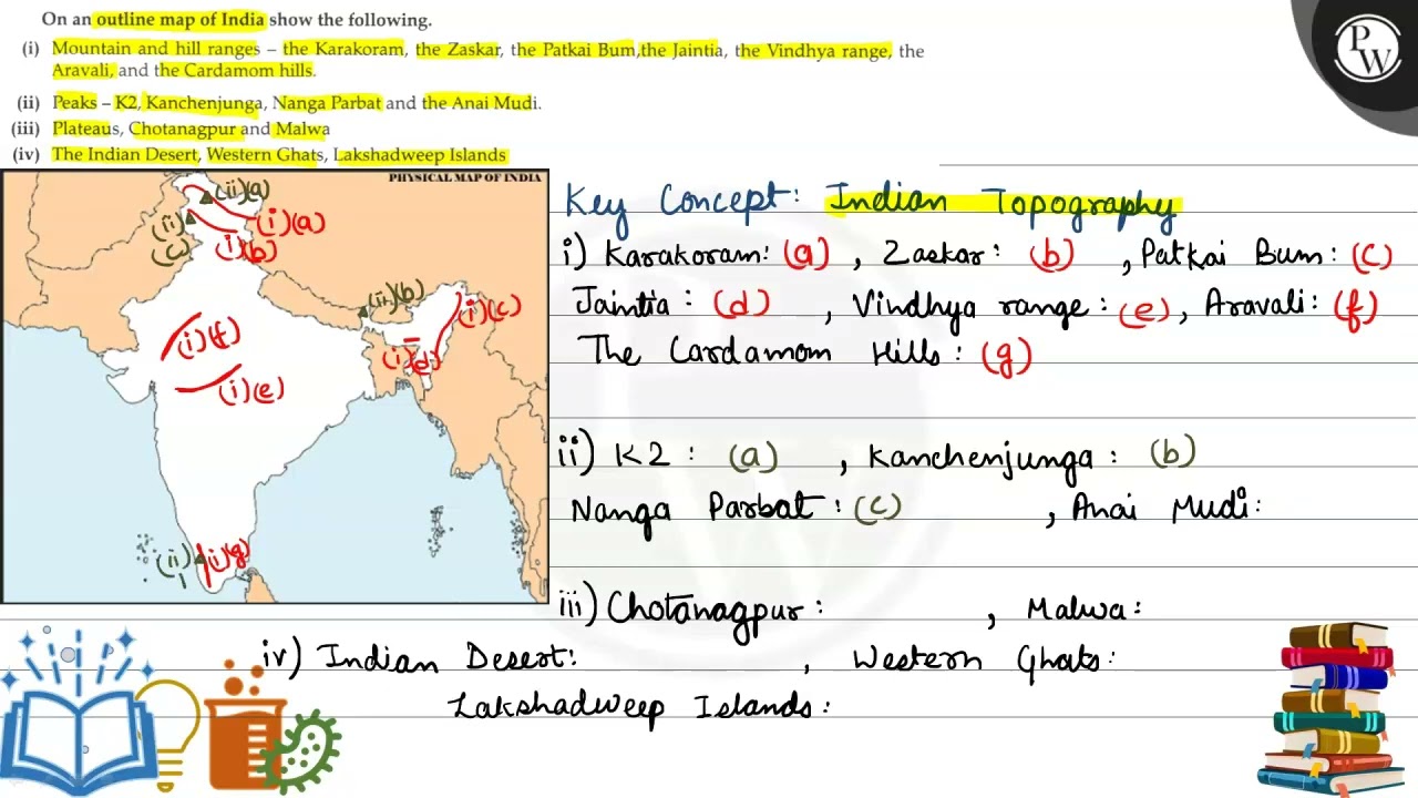 Watch video On an outline map of India show the following. (i) Mountain and hill ranges - the Karakoram, the ... Now On an outline map of India show the following. (i) Mountain and hill ranges - the Karakoram, the ...