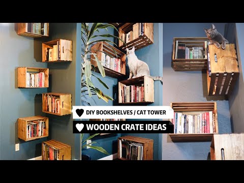 DIY CRATE CAT TREE + BOOKSHELVES | DIY CRATE  STORAGE | CORNER WALL MAKEOVER