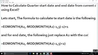 Calculate Quarter start date and end date from current date  using Excel?