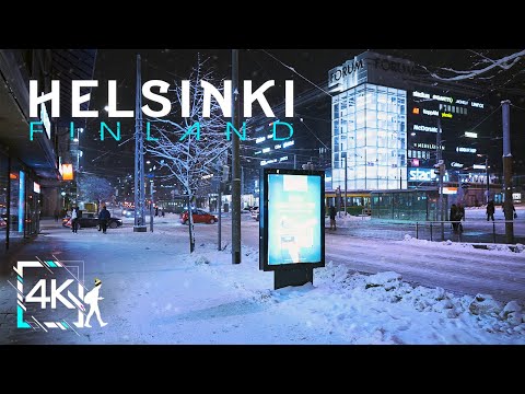 Central Helsinki Relaxing Night Walk in Snowy Winter, Finland 4K