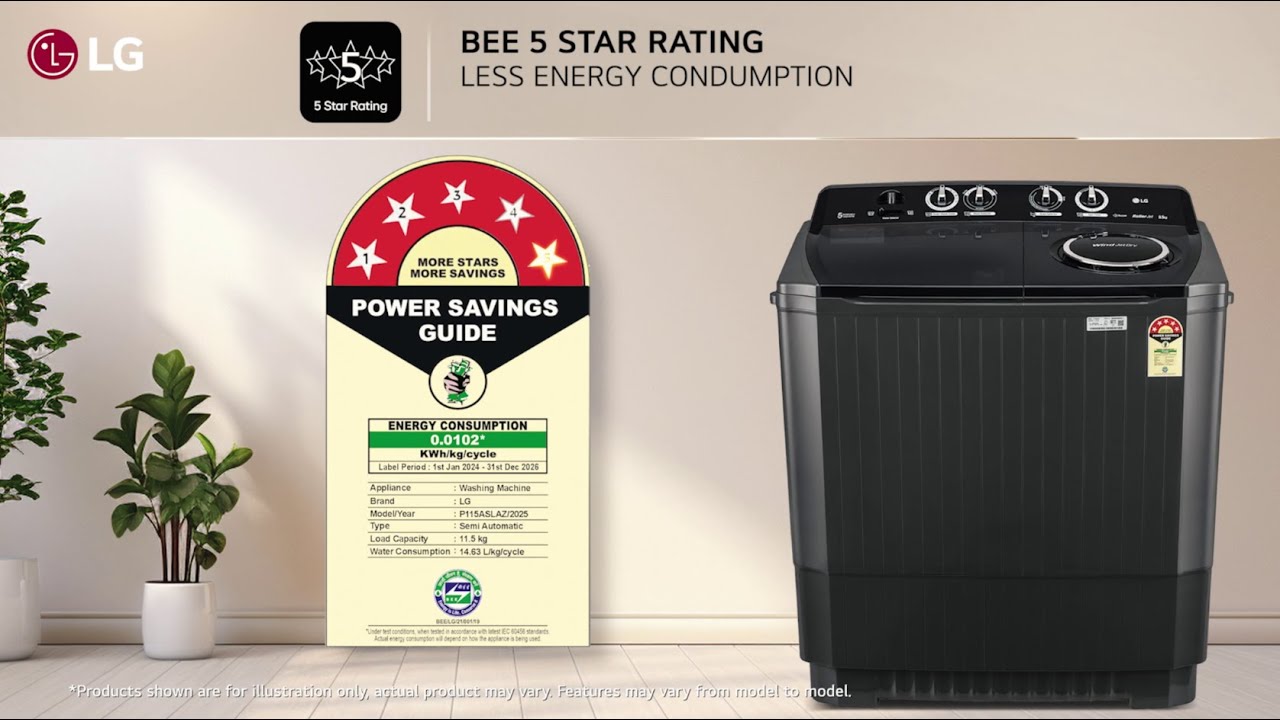 LG 11.5Kg Semi Automatic Washing Machine, Roller Jet Pulsator + Soak, Full Black, 5 Star, P115ASLAZ