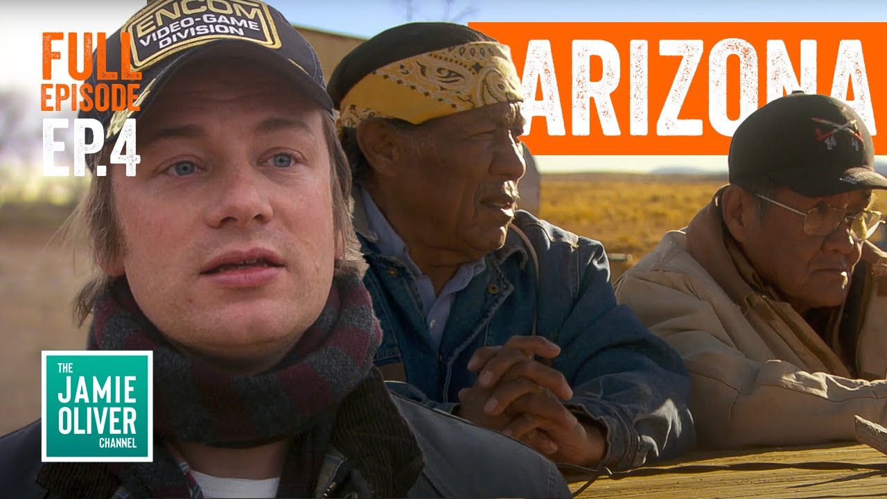 Jamie Oliver with his Diné hosts in Arizona — a still from Jamie's American Road Trip