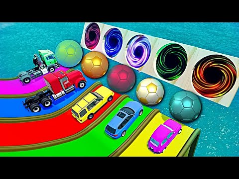 Cars vs Slide Color with Portal Trap - Flatbed Trailer Long Cars Transport of Color #2 - BeamNG