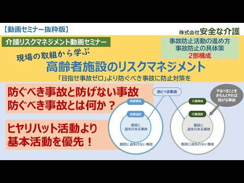 【介護リスクマネジメント動画】高齢者施設のリスクマネジメント　事故防止活動やヒヤリハット活動の進め方、事故発生時の対応の他、転倒・誤えん・誤薬・異食・行方不明・家族トラブル防止策など具体策が満載