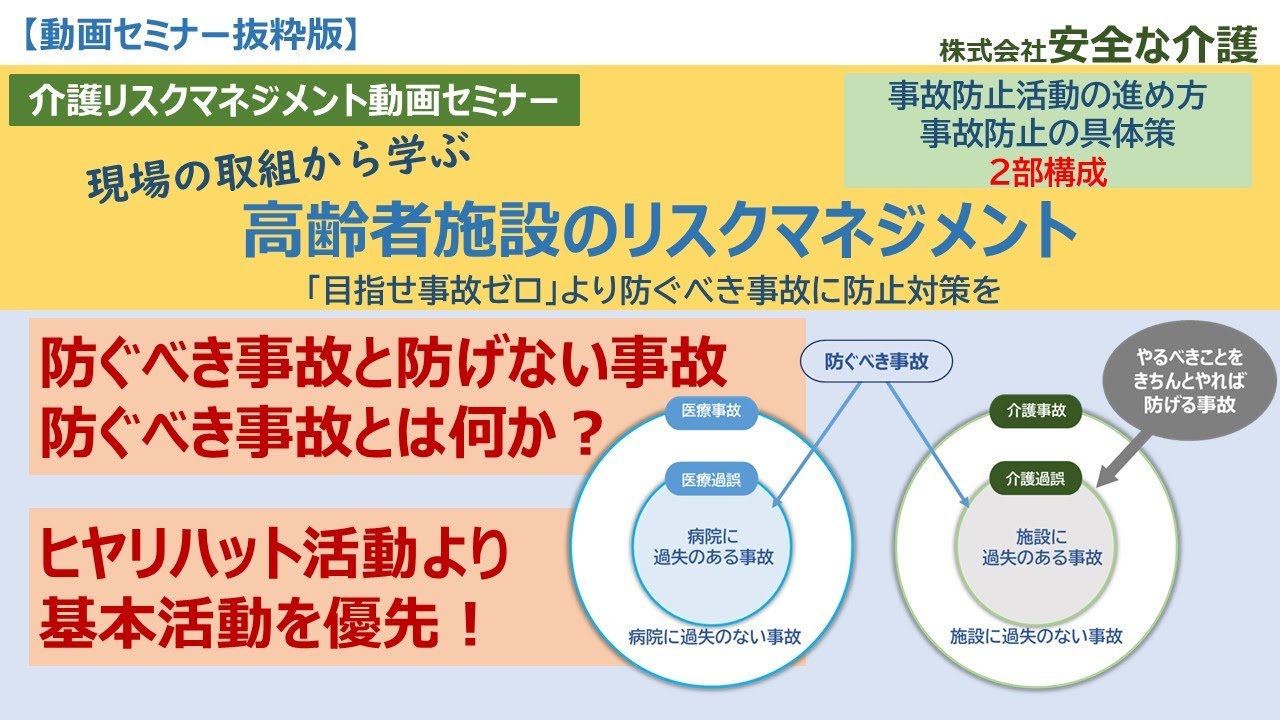 【介護リスクマネジメント動画】高齢者施設のリスクマネジメント　事故防止活動やヒヤリハット活動の進め方、事故発生時の対応の他、転倒・誤えん・誤薬・異食・行方不明・家族トラブル防止策など具体策が満載