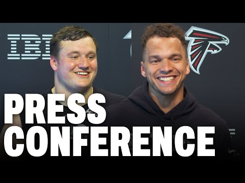 Desmond Ridder and Chris Lindstrom speak to the media during the first week of offseason workouts