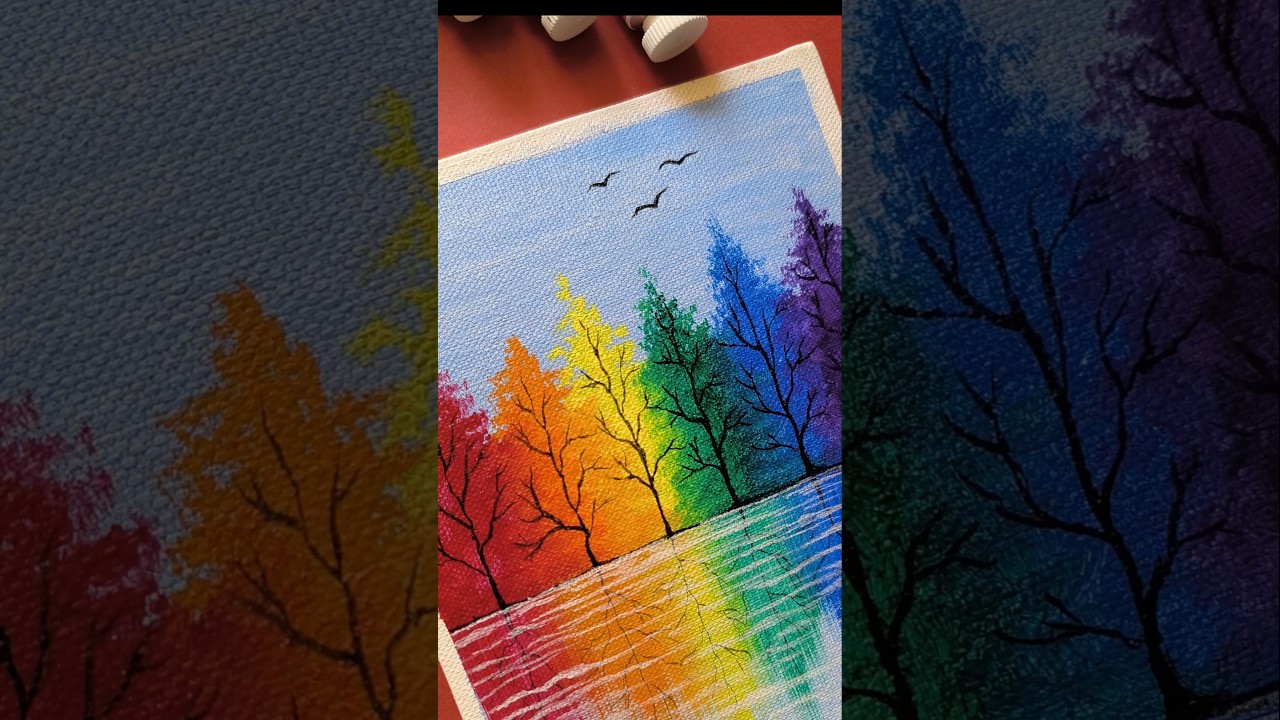 🌈Rainbow Trees On Lake || Easy acrylic painting for beginners #art #shortsfeed #shots #painting