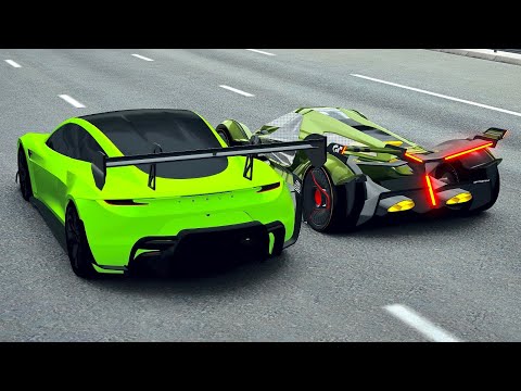 Tesla Roadster GTR vs Lamborghini V12 Vision GT - Drag Race 20 KM