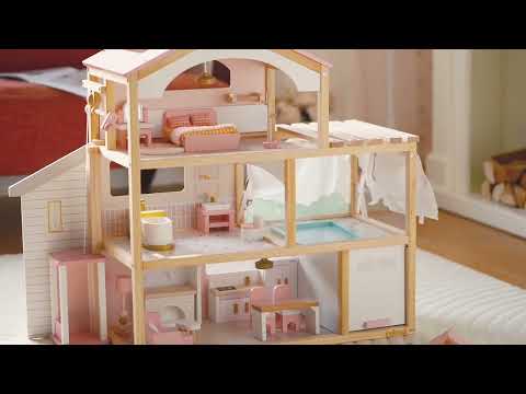 ROBUD Dreamy Pink Wooden Dollhouse – 6-Room Doll House with 29-Piece Furniture Set Video Preview